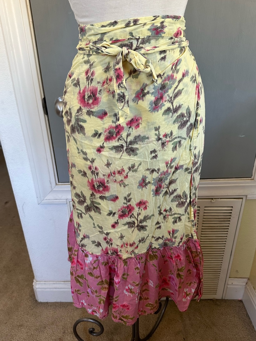 Anthropologie Odille Floral Wrap Midi Skirt with Pink Ruffle